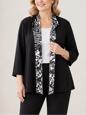 Susan Graver Black Open Front Jacket Floral Trim Lightweight 1X Office Workwear